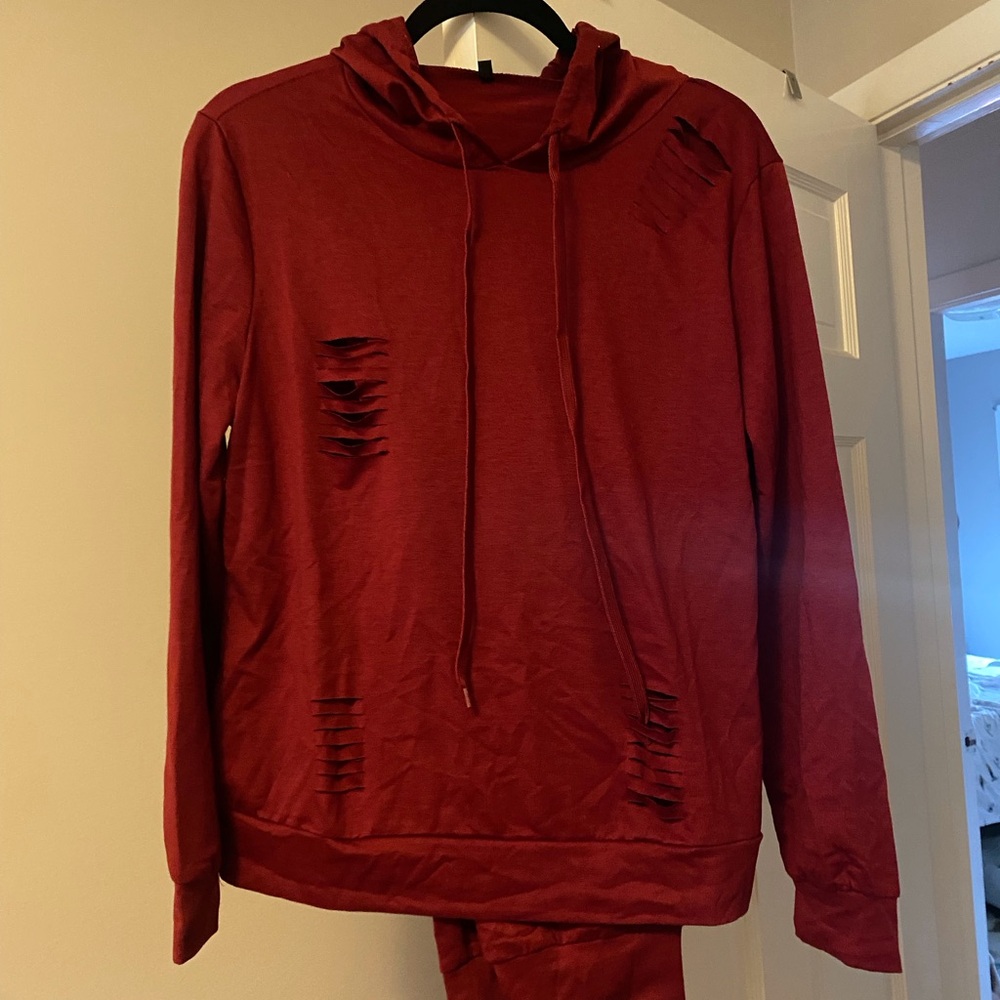 Red Distressed Hoodie with Drawstring